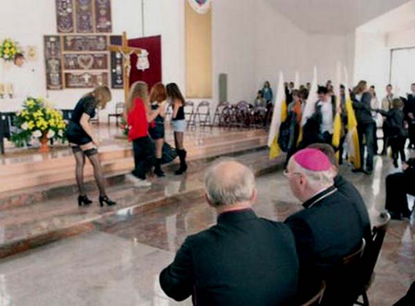 A cabaret performance on the steps of an altar